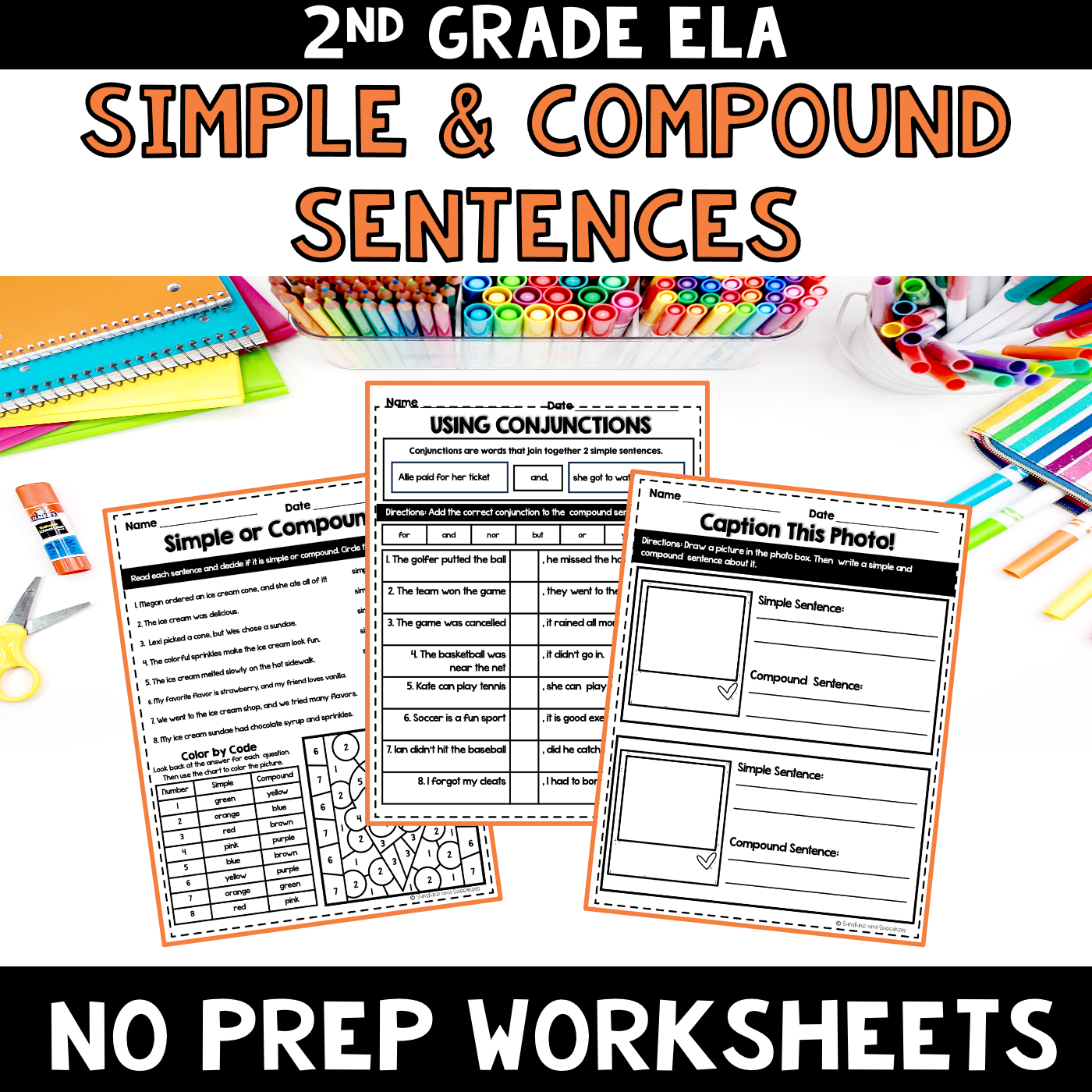 Simple and Compound Sentences NO PREP Worksheets 2nd Grade
