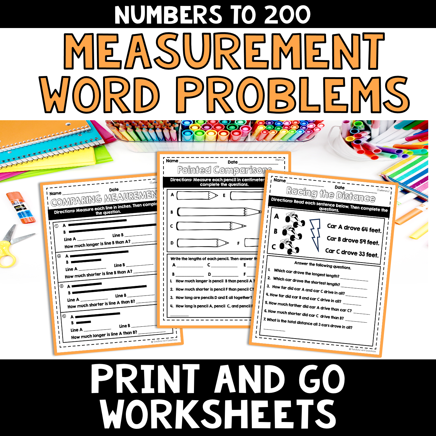 Measurement Word Problems Numbers to 200 NO PREP Worksheets for 2nd Grade