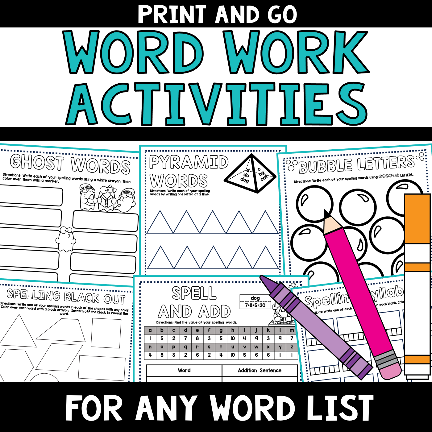 Word Work Activities for ANY word list No PREP Worksheets