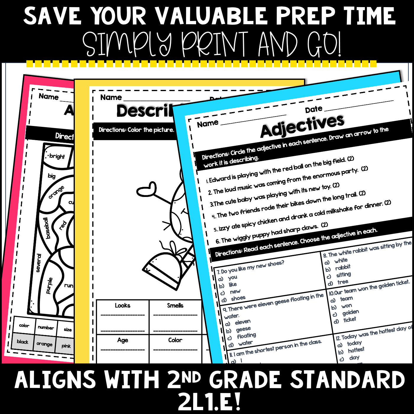 Adjectives Worksheets and Task Card Activities BUNDLE | 2nd Grade | 2L.1e - Image 4